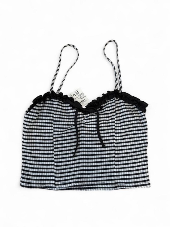 Attirance Tops - Women’s Black & White Gingham Crop Top with Ruffle Trim